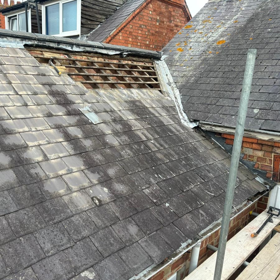 An old, moss-covered tiled roof before repair